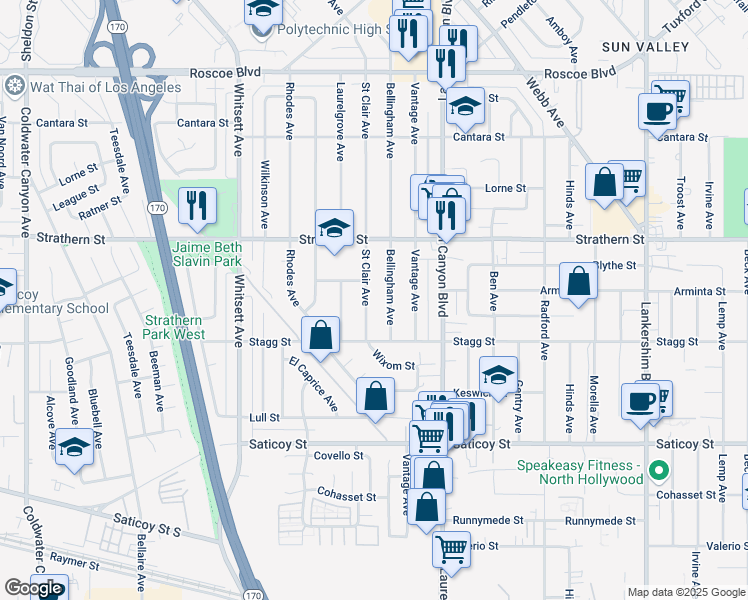 map of restaurants, bars, coffee shops, grocery stores, and more near 7848 Saint Clair Avenue in Los Angeles