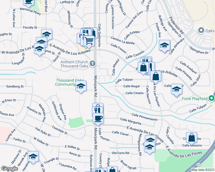 map of restaurants, bars, coffee shops, grocery stores, and more near 731 Calle Nogal in Thousand Oaks