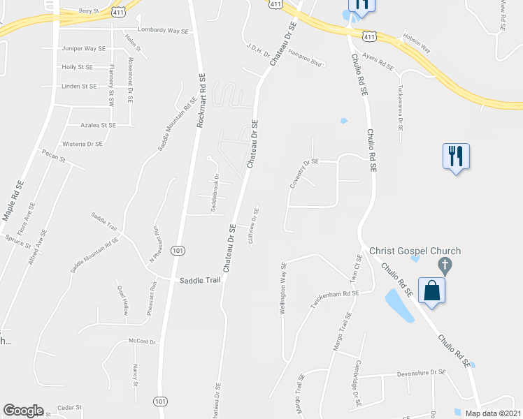 map of restaurants, bars, coffee shops, grocery stores, and more near 3 Cliffview Drive Southeast in Rome