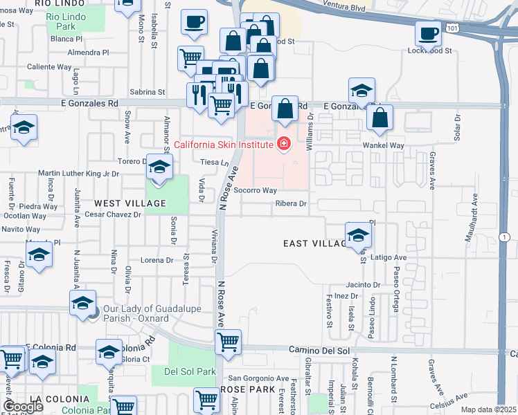 map of restaurants, bars, coffee shops, grocery stores, and more near 1880 Ribera Drive in Oxnard