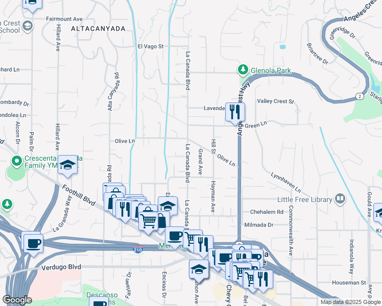 map of restaurants, bars, coffee shops, grocery stores, and more near 4848 La Canada Boulevard in La Cañada Flintridge