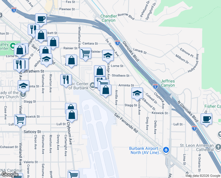 map of restaurants, bars, coffee shops, grocery stores, and more near 7853 1/2 Ledge Avenue in Los Angeles