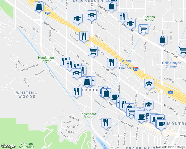 map of restaurants, bars, coffee shops, grocery stores, and more near 3928 La Crescenta Avenue in Glendale