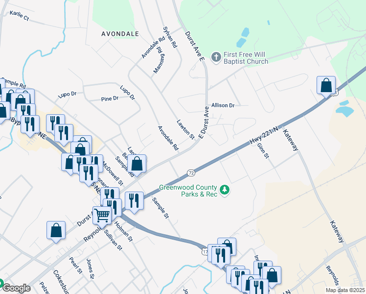 map of restaurants, bars, coffee shops, grocery stores, and more near 1213 East Durst Avenue in Greenwood