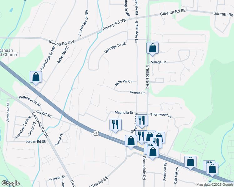 map of restaurants, bars, coffee shops, grocery stores, and more near 14 Connie Street in Cartersville