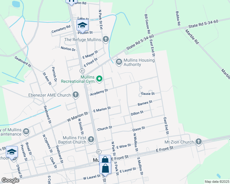 map of restaurants, bars, coffee shops, grocery stores, and more near 523 Agnew Street in Mullins