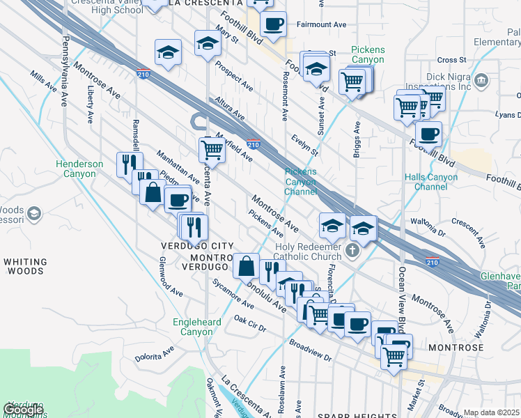 map of restaurants, bars, coffee shops, grocery stores, and more near 2636 Montrose Avenue in Glendale