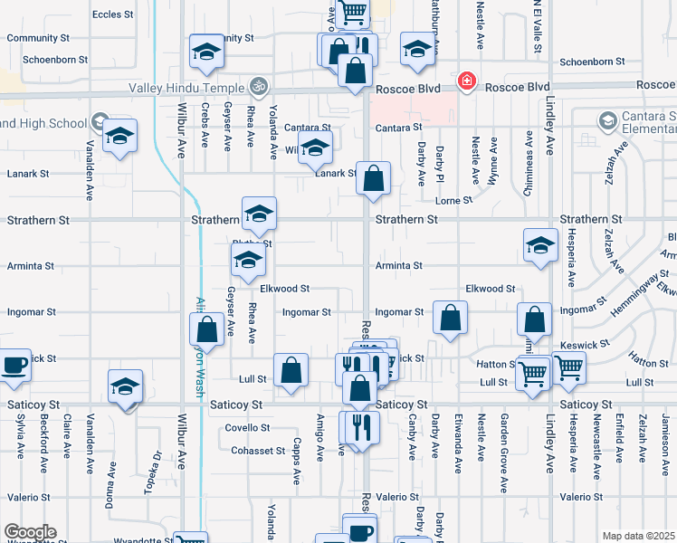 map of restaurants, bars, coffee shops, grocery stores, and more near 18534 Arminta Street in Los Angeles