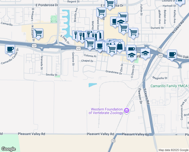 map of restaurants, bars, coffee shops, grocery stores, and more near 381 Grandview Circle in Camarillo