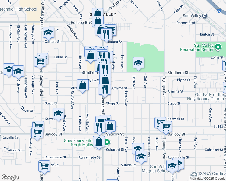 map of restaurants, bars, coffee shops, grocery stores, and more near 7851 Irvine Avenue in Los Angeles