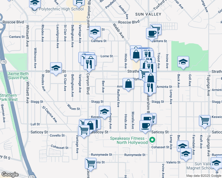 map of restaurants, bars, coffee shops, grocery stores, and more near 11936 Arminta Street in Los Angeles