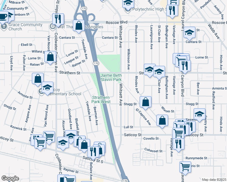 map of restaurants, bars, coffee shops, grocery stores, and more near 7846 Babcock Avenue in Los Angeles