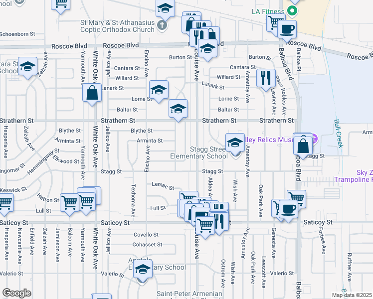 map of restaurants, bars, coffee shops, grocery stores, and more near 7842 Lasaine Avenue in Los Angeles