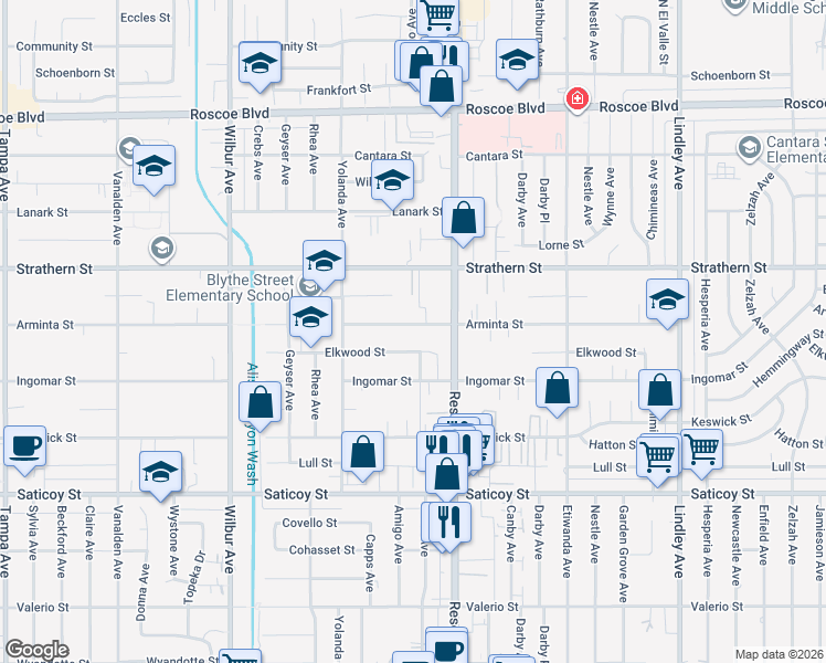 map of restaurants, bars, coffee shops, grocery stores, and more near 18534 Arminta Street in Los Angeles