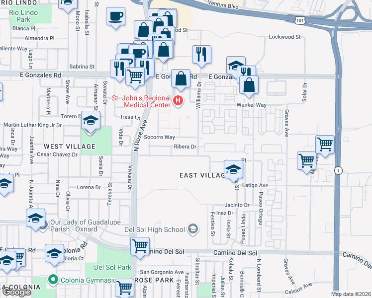 map of restaurants, bars, coffee shops, grocery stores, and more near 1922 Ribera Drive in Oxnard