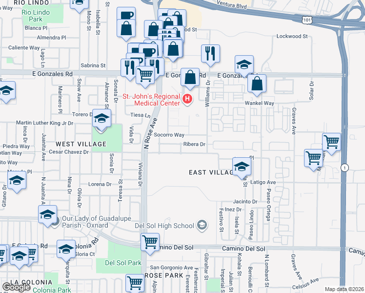 map of restaurants, bars, coffee shops, grocery stores, and more near 1888 Ribera Drive in Oxnard