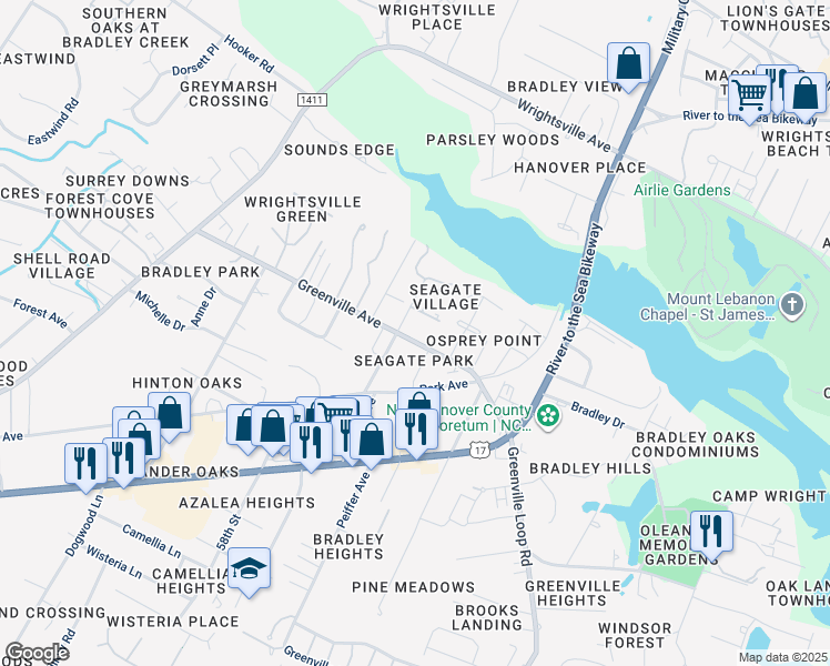 map of restaurants, bars, coffee shops, grocery stores, and more near 134 Greenville Avenue in Wilmington