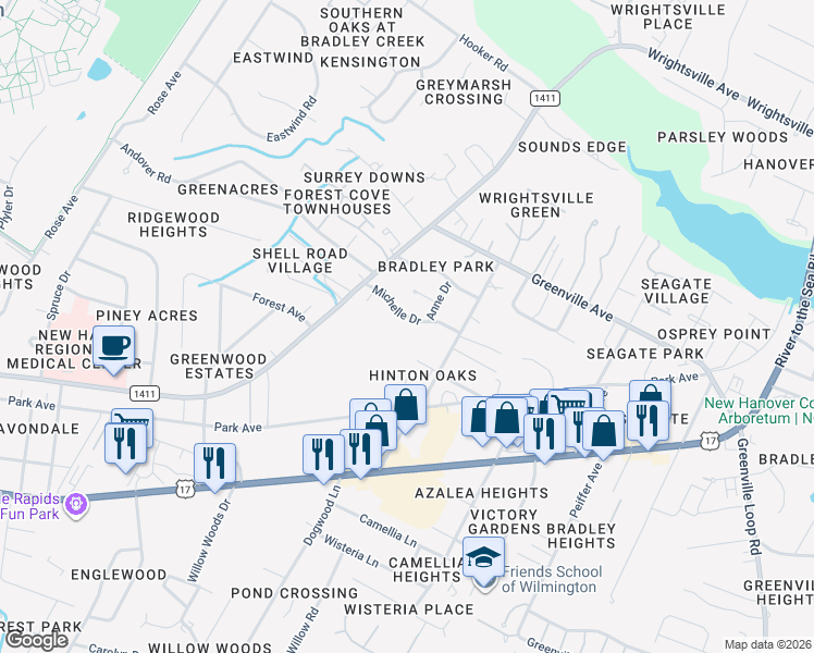 map of restaurants, bars, coffee shops, grocery stores, and more near 5834 Michelle Drive in Wilmington