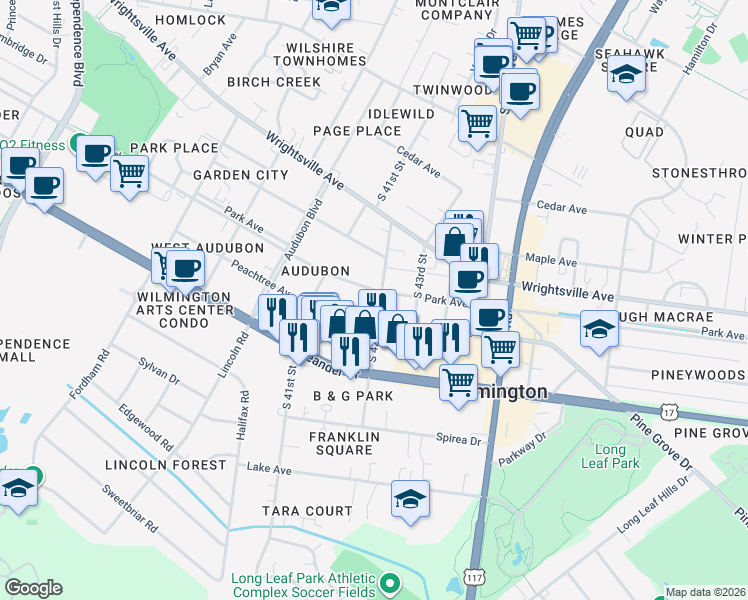 map of restaurants, bars, coffee shops, grocery stores, and more near 4120 Park Avenue in Wilmington