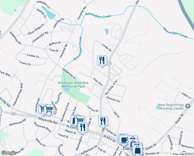 map of restaurants, bars, coffee shops, grocery stores, and more near 116 Pine Avenue in Commerce