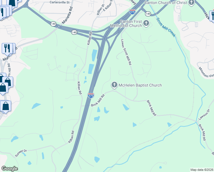 map of restaurants, bars, coffee shops, grocery stores, and more near 206 Brick Mill Drive in Canton