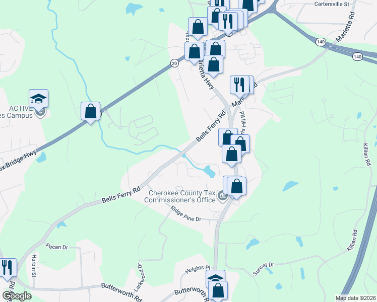 map of restaurants, bars, coffee shops, grocery stores, and more near 400 Sheila Way in Canton
