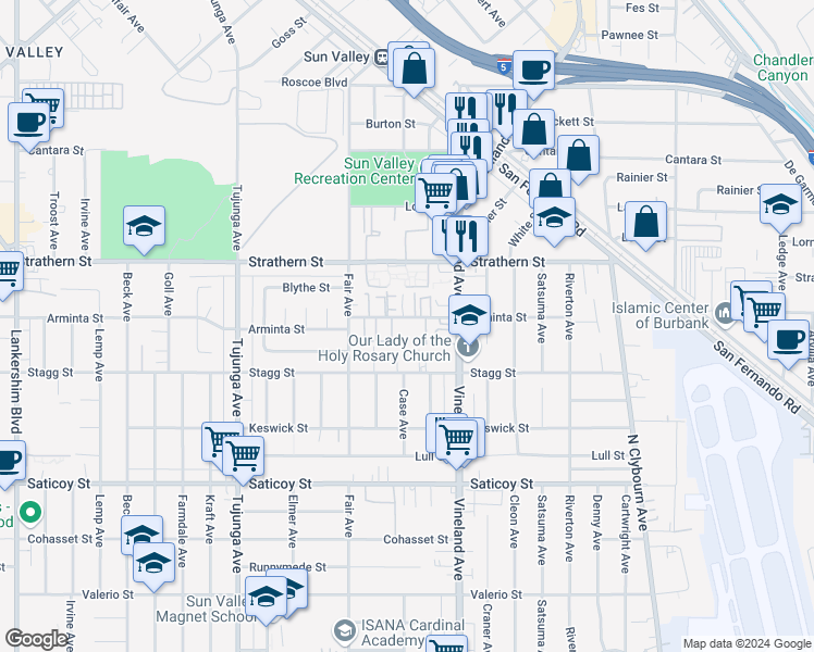 map of restaurants, bars, coffee shops, grocery stores, and more near 11060 Arminta Street in Los Angeles