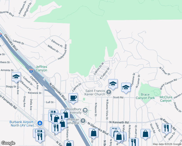 map of restaurants, bars, coffee shops, grocery stores, and more near 9584 Vía Bernardo in Burbank