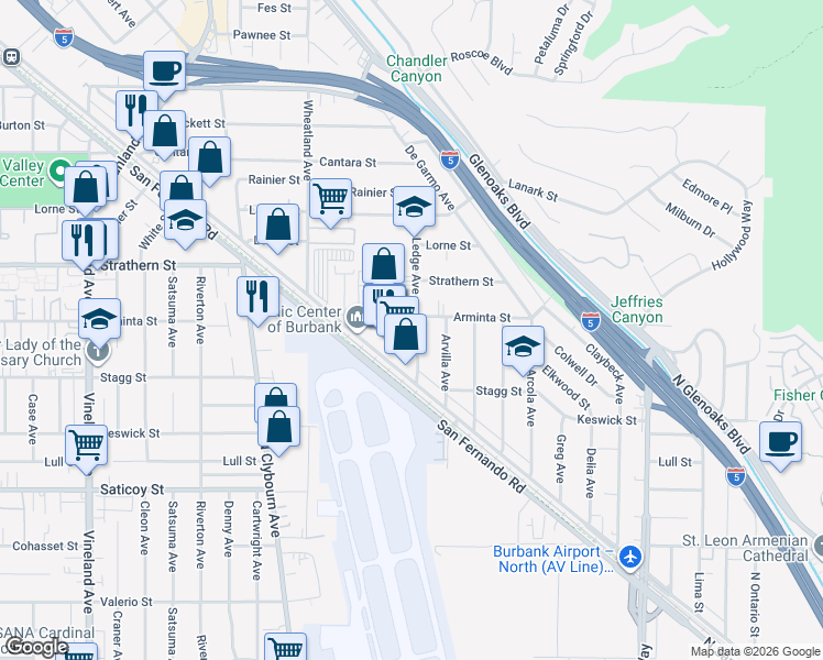 map of restaurants, bars, coffee shops, grocery stores, and more near 7853 1/2 Ledge Avenue in Los Angeles