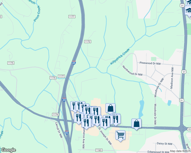 map of restaurants, bars, coffee shops, grocery stores, and more near 2164 Kilpatrick LN in Cullman