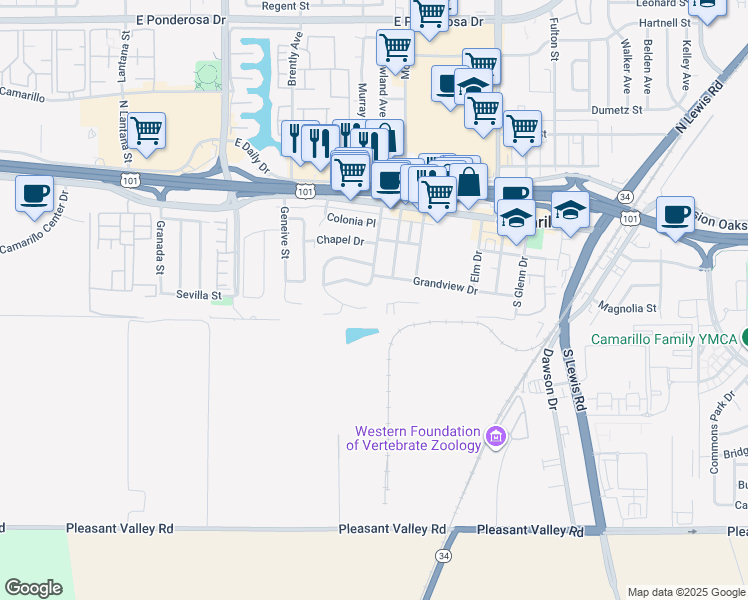 map of restaurants, bars, coffee shops, grocery stores, and more near 391 Grandview Circle in Camarillo