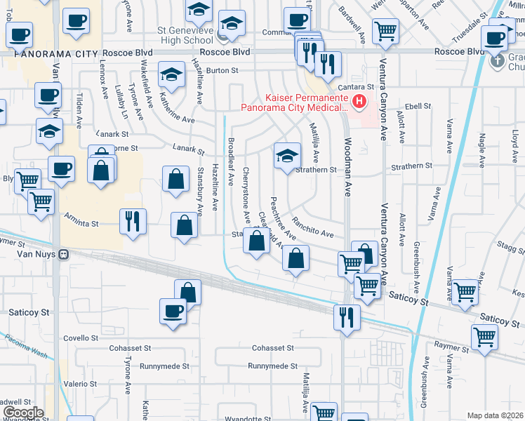 map of restaurants, bars, coffee shops, grocery stores, and more near 7866 Clearfield Avenue in Los Angeles