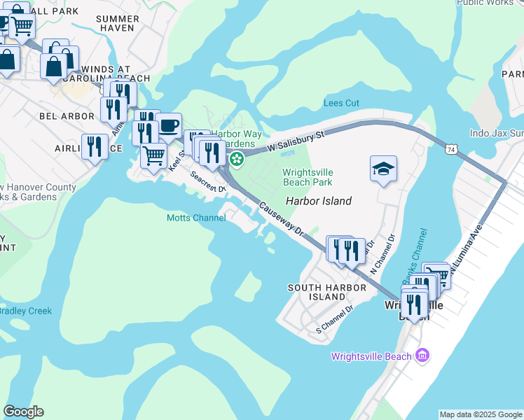 map of restaurants, bars, coffee shops, grocery stores, and more near 327 U.S. 76 in Wrightsville Beach