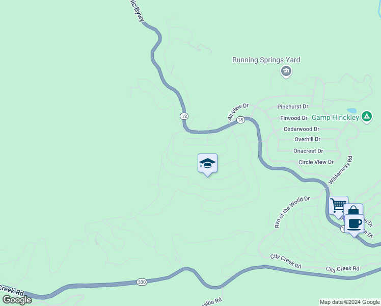 map of restaurants, bars, coffee shops, grocery stores, and more near 30980 Glen Oak Drive in Running Springs