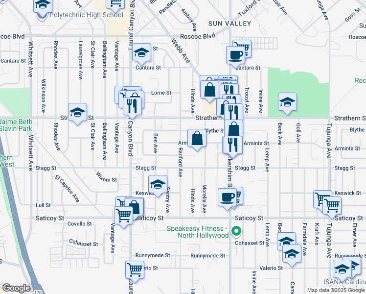 map of restaurants, bars, coffee shops, grocery stores, and more near 7854 Radford Avenue in Los Angeles