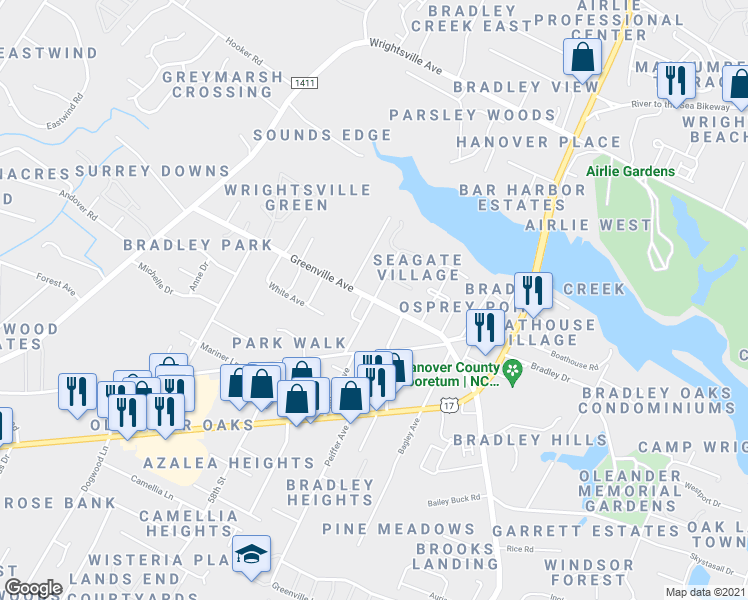 map of restaurants, bars, coffee shops, grocery stores, and more near 198 Myrtle Avenue in Wilmington