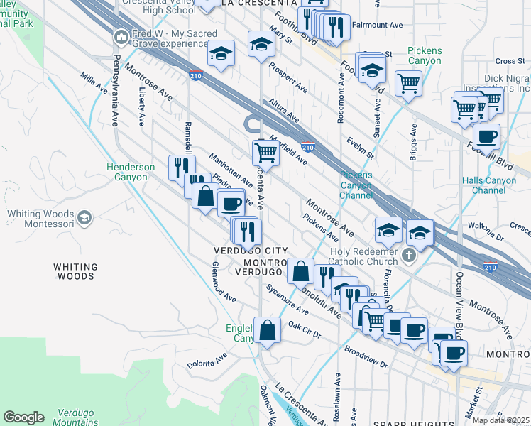 map of restaurants, bars, coffee shops, grocery stores, and more near 3928 La Crescenta Avenue in Glendale