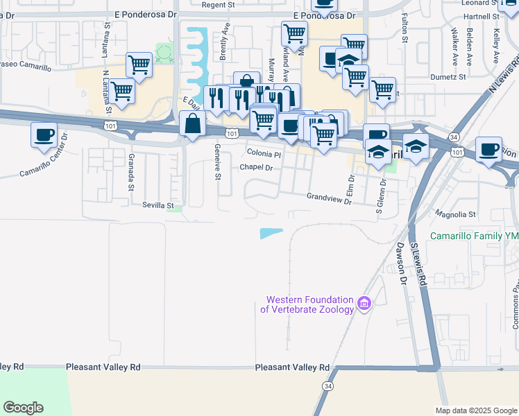 map of restaurants, bars, coffee shops, grocery stores, and more near 313 Grandview Circle in Camarillo
