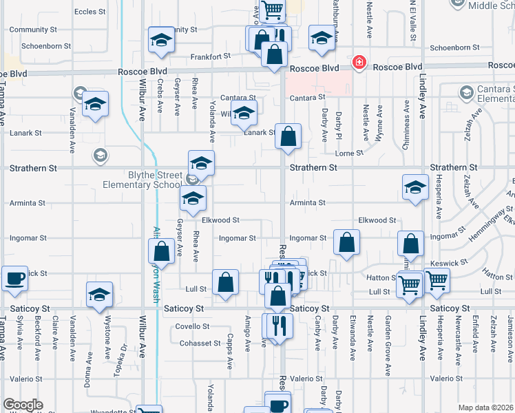 map of restaurants, bars, coffee shops, grocery stores, and more near 18534 Arminta Street in Los Angeles