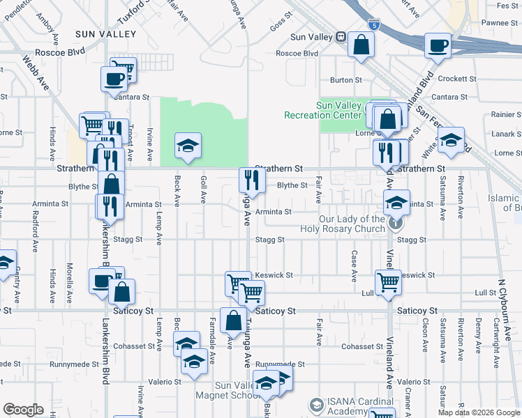 map of restaurants, bars, coffee shops, grocery stores, and more near 11335 Arminta Street in Los Angeles