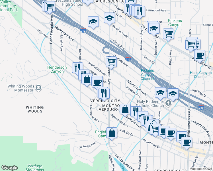 map of restaurants, bars, coffee shops, grocery stores, and more near 2806 Piedmont Avenue in Glendale