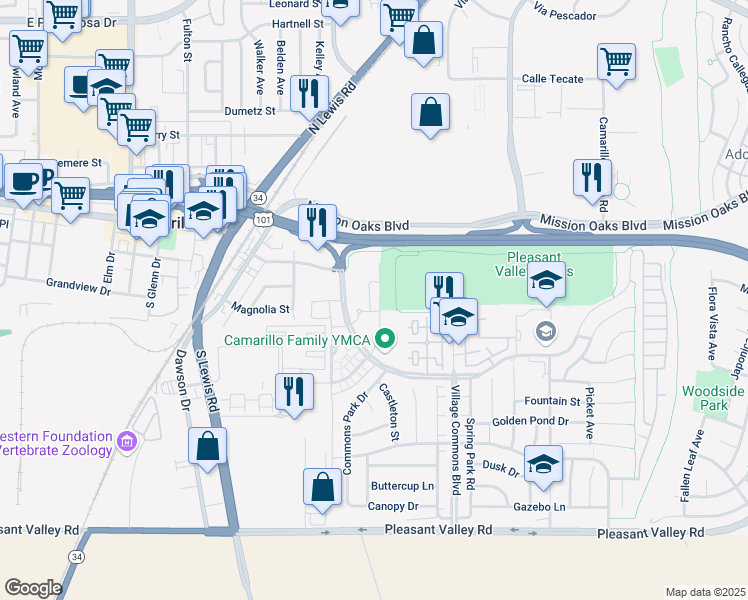 map of restaurants, bars, coffee shops, grocery stores, and more near 189 Westpark Court in Camarillo