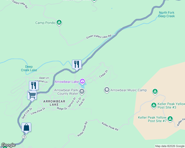 map of restaurants, bars, coffee shops, grocery stores, and more near 33353 Music Camp Road in San Bernardino County