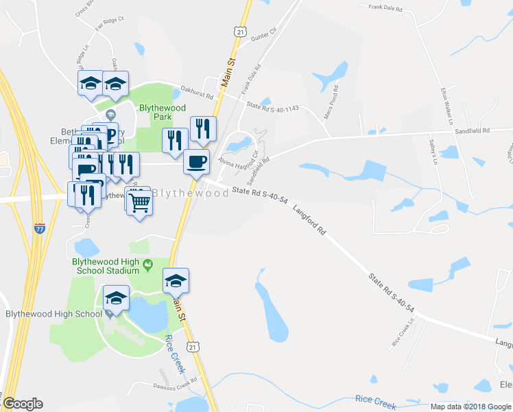 map of restaurants, bars, coffee shops, grocery stores, and more near 208 Langford Road in Blythewood