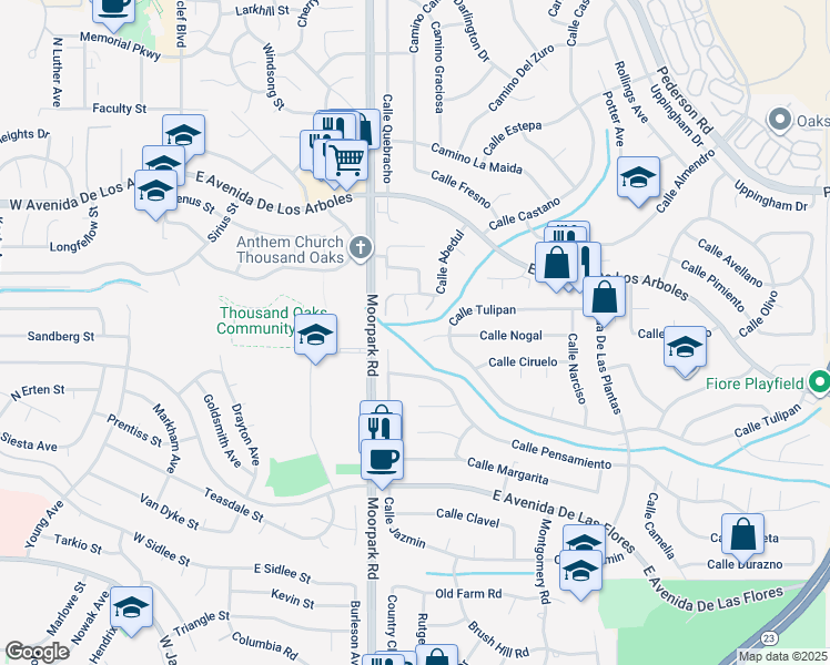 map of restaurants, bars, coffee shops, grocery stores, and more near 731 Calle Nogal in Thousand Oaks