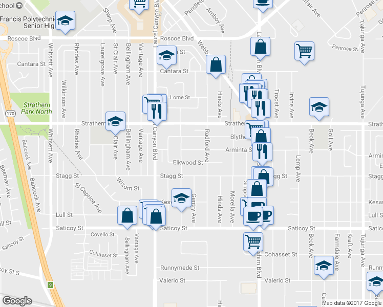 map of restaurants, bars, coffee shops, grocery stores, and more near 11936 Arminta Street in Los Angeles