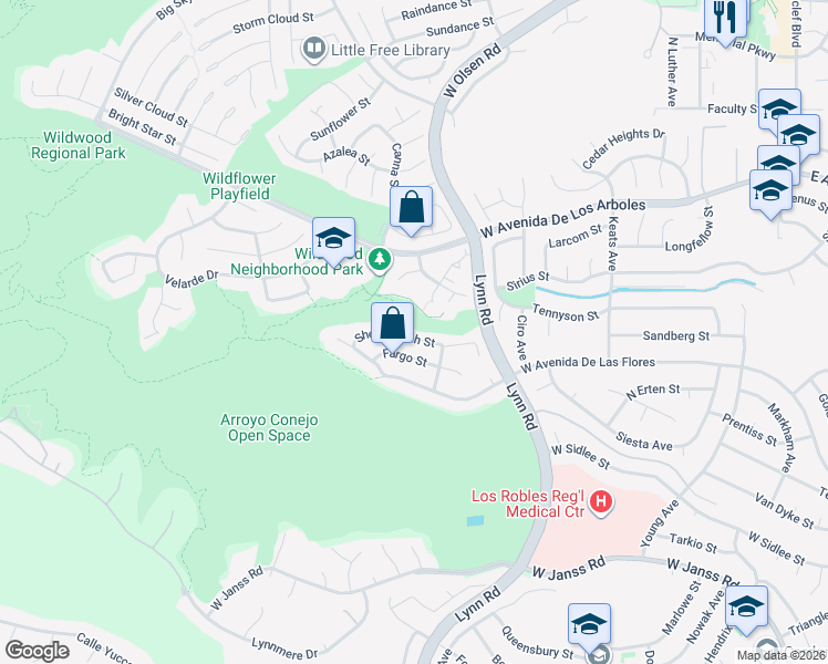 map of restaurants, bars, coffee shops, grocery stores, and more near 527 Shenandoah Street in Thousand Oaks
