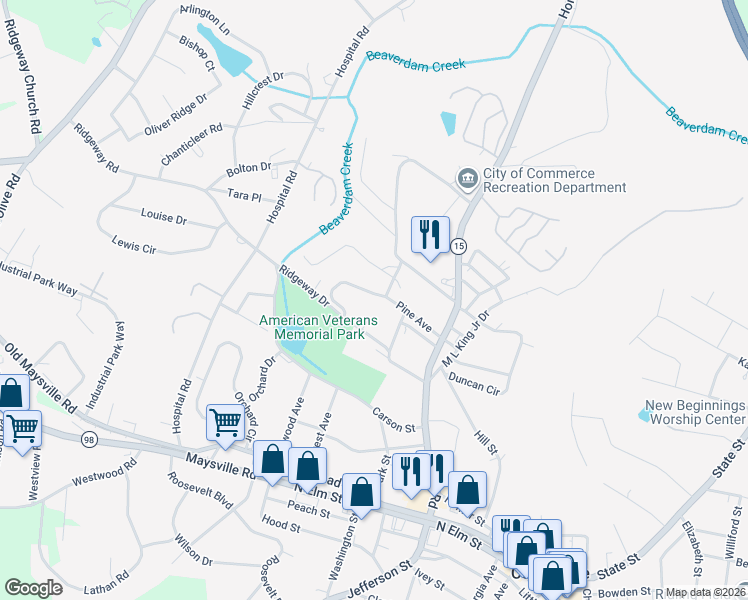 map of restaurants, bars, coffee shops, grocery stores, and more near 197 Pine Avenue in Commerce