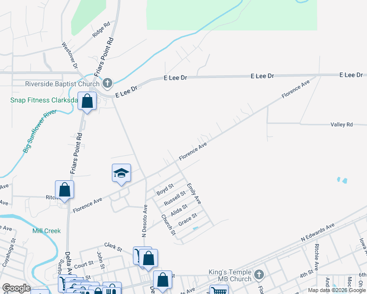 map of restaurants, bars, coffee shops, grocery stores, and more near 313 Florence Avenue in Clarksdale