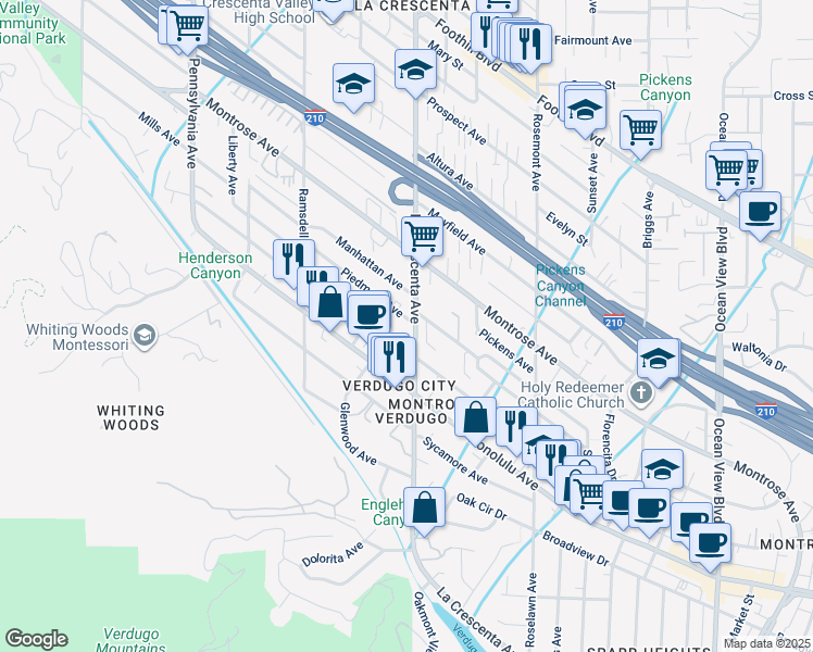 map of restaurants, bars, coffee shops, grocery stores, and more near 2804 Piedmont Avenue in Glendale